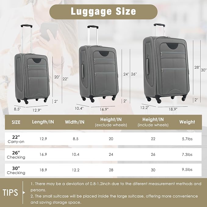 Merax Softside Luggage Set Softshell Lightweight 3 Piece Spinner Suitcase - Image 2