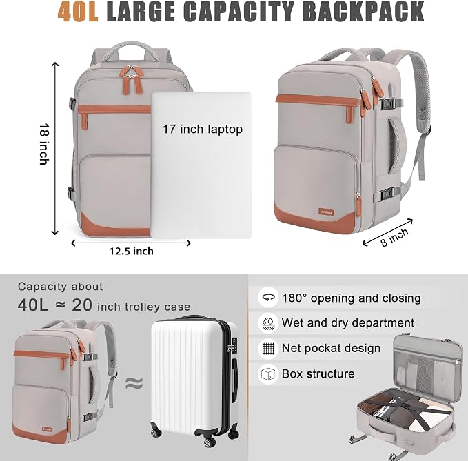 40L Travel Backpack with USB Charging Port, Water-Resistant Carry On Backpack - Image 6