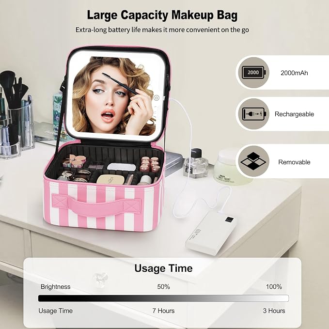 Makeup Bag With LED Mirror, Travel Makeup Case with Light up Mirror Large - Image 7