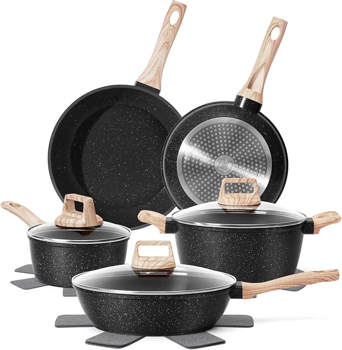 12 Pcs Pots and Pans Set, Nonstick Cookware Sets Black Granite Induction by SODAY