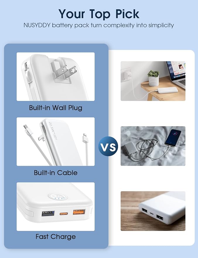 Portable Charger with Built in Cable and AC Wall Plug, USB C Power Bank - Image 3