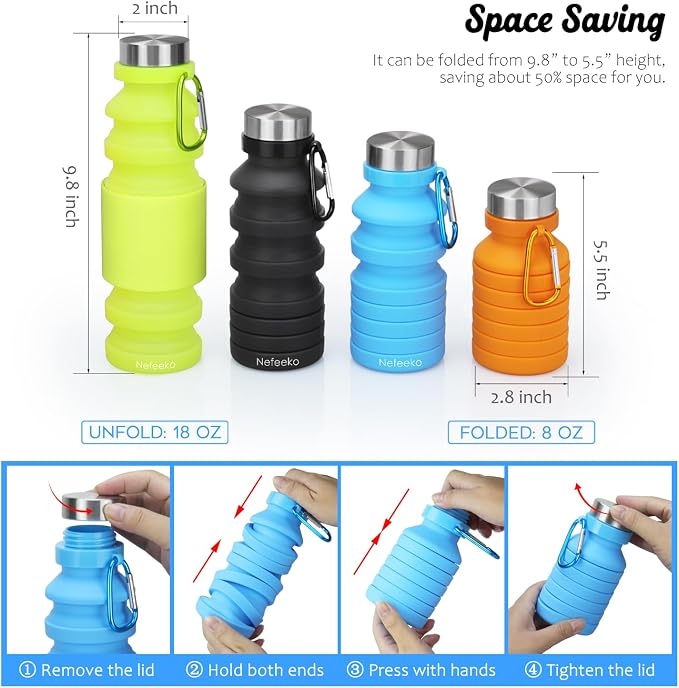 Nefeeko Collapsible Water Bottle, Reuseable BPA Free Silicone Foldable Water - Image 2