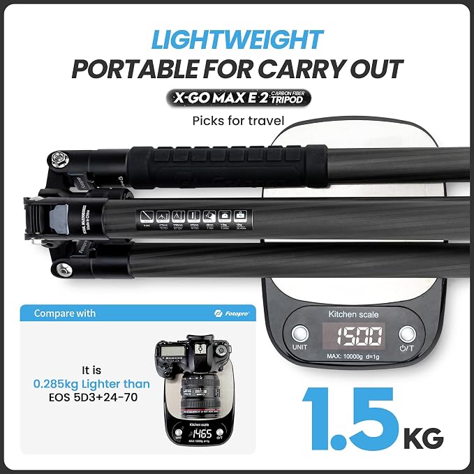 Fotopro 68" Carbon Fiber Travel Tripod, Heavy Duty Camera Tripod - Image 3