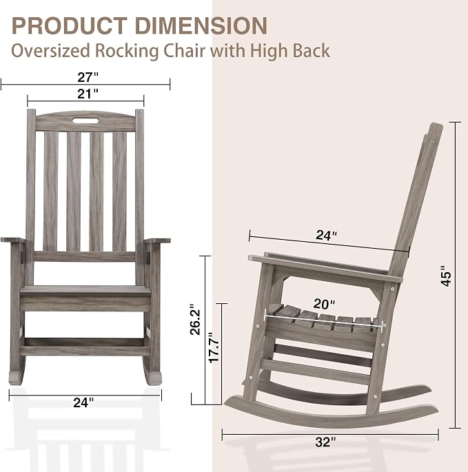 Psilvam Outdoor Rocking Chair Set of 2, Poly Lumber Oversized Rocking Chair - Image 3