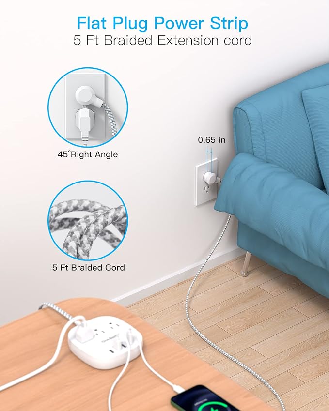 PD 20W USB C 3 Outlet 4 USB Ports Flat Plug Power Strip No Surge Protector - Image 5
