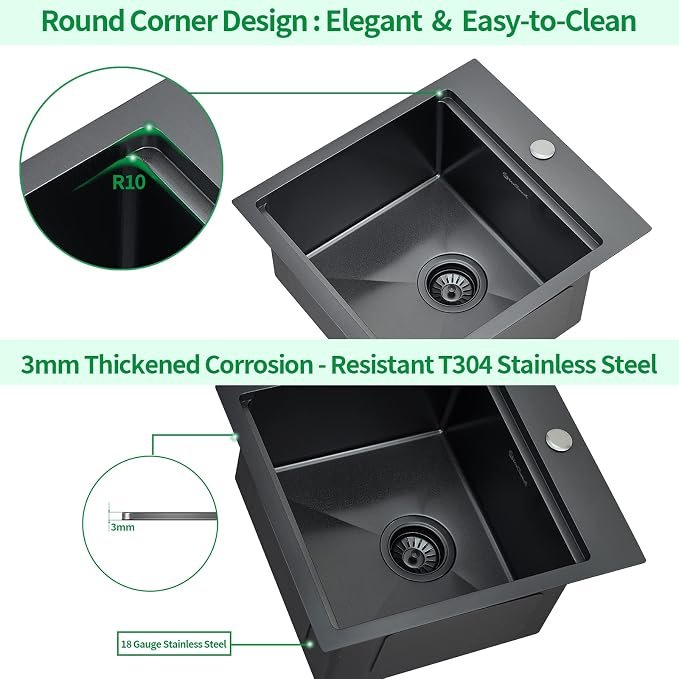 Kitchen Sink, 17 x 19 Inch Drop in Bar Sink Gunmetal Black Stainless Steel - Image 5