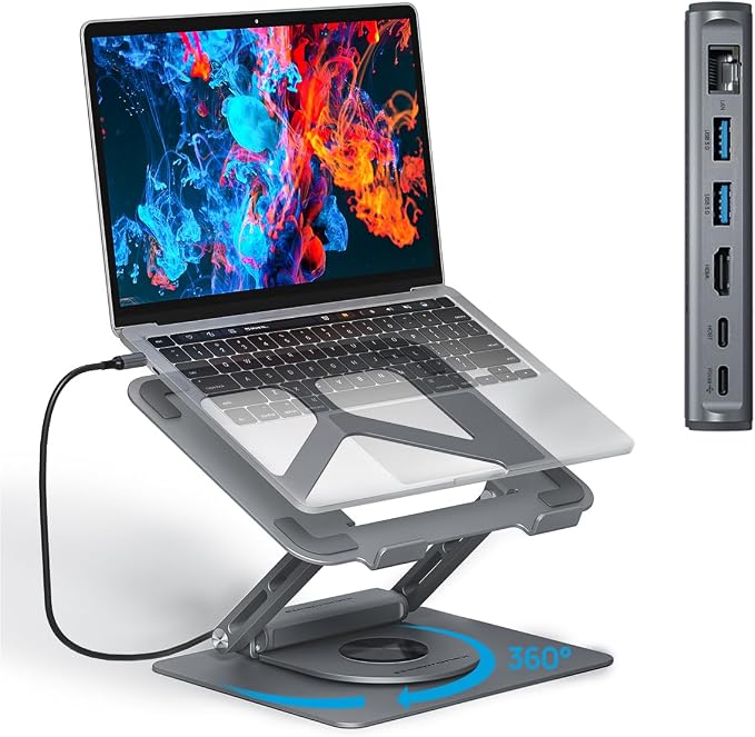 Adjustable Laptop Stand with 360 Rotating Base & USB Docking Station by OneDockManyDevices