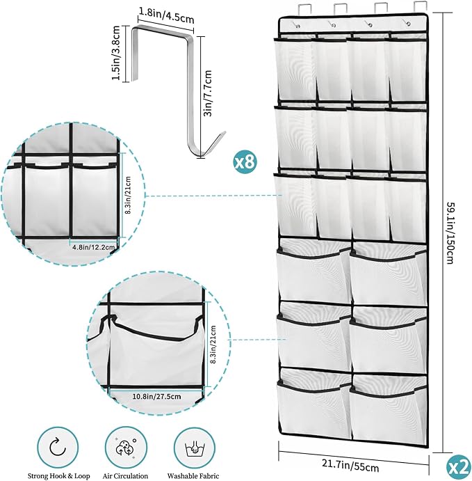 2 Packs Over the Door Shoe Organizer, 24 Extra Large Mesh Pockets Hanging Shoe - Image 2