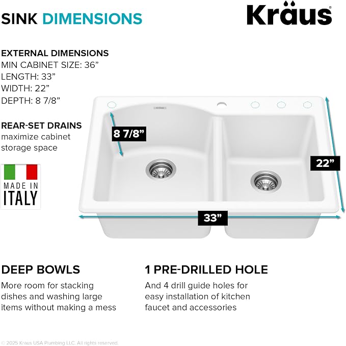 KRAUS Forteza 33-inch Granite Drop In/Undermount 60/40 Double Bowl White - Image 5