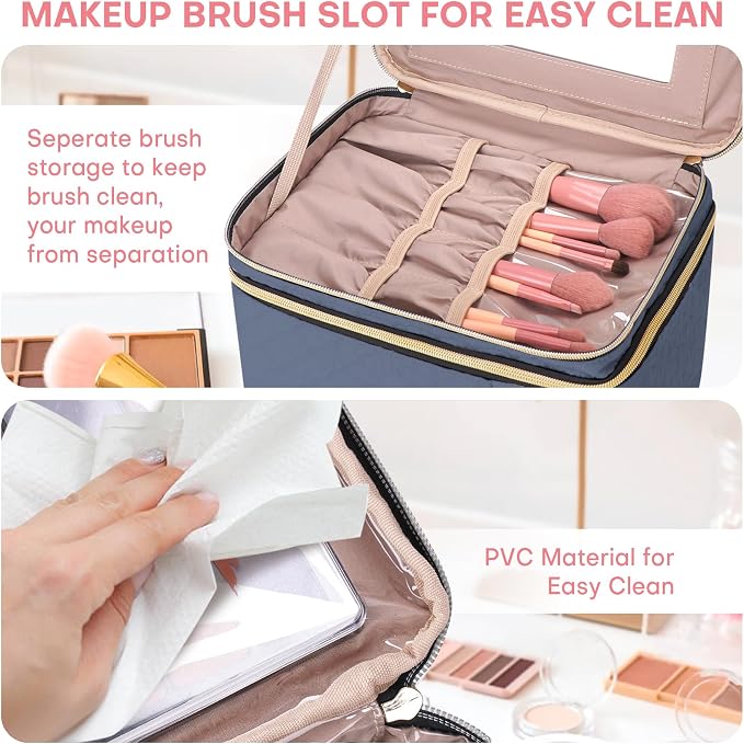 Large Makeup Bag with Mirror Double Layer Travel Make Up Organizer Case - Image 7