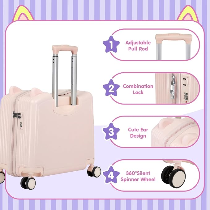 20" Ride-On Travel Suitcase for Kids, Cute Ear Toddler Carry on Luggage - Image 3
