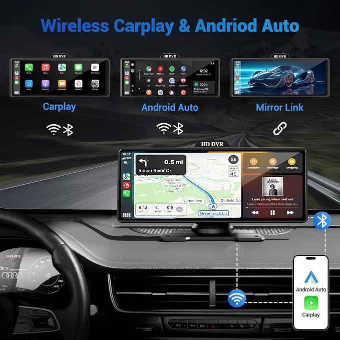 Wireless Apple Carplay Screen for Car 4K Dash Cam, 10.26" HD Touchscreen - Image 2