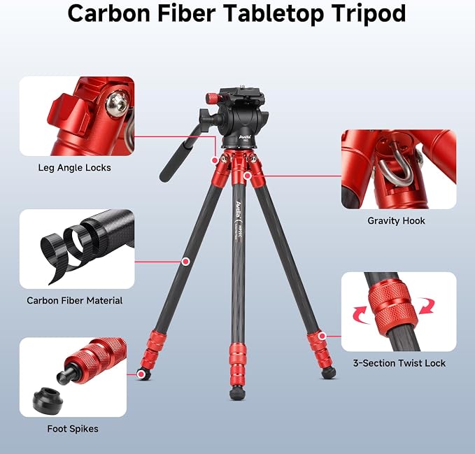 Avella Mini Carbon Fiber Camera Tripod MP20C, Portable Lightweight Tabletop - Image 3