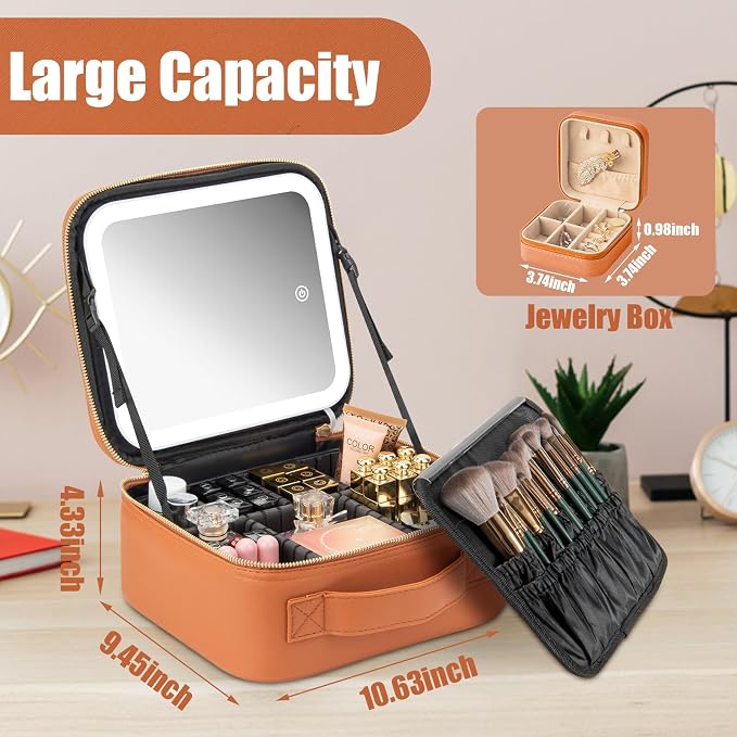Makeup Travel Train Case with Mirror LED Light 3 Adjustable Brightness Large - Image 5