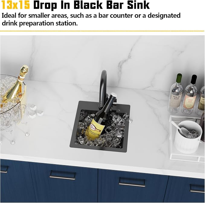 Small Black Kitchen Sink, 13x15 Inch Stainless Steel Drop In Topmount Kitchen - Image 2