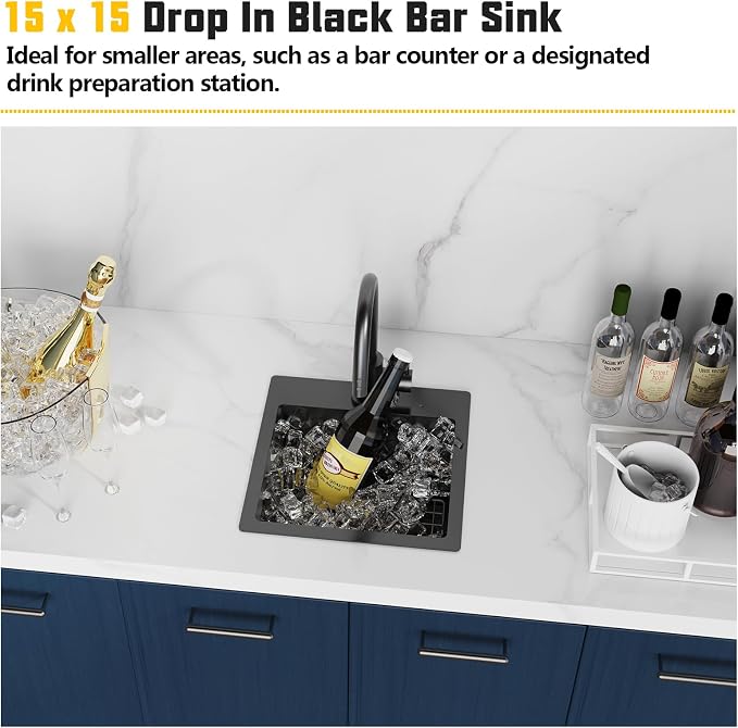Small Black Kitchen Sink, 15x15 Inch Stainless Steel Drop In Topmount Kitchen - Image 2