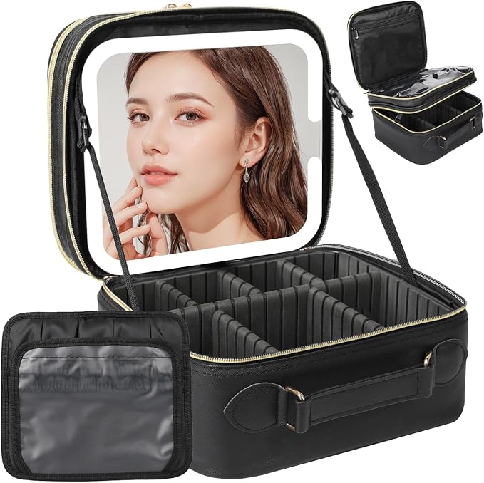 Travel Makeup Bag with LED Mirror Double Layer, Detachable Vanity Mirror with by Behaesty