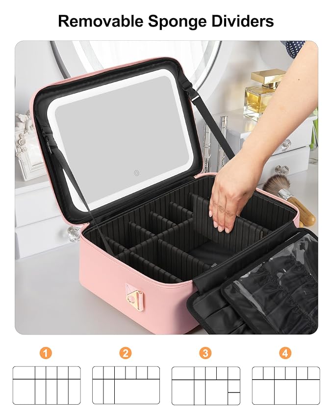 Relavel Makeup Bag with LED Mirror, 16.2 inches Large Professional Makeup Case - Image 3