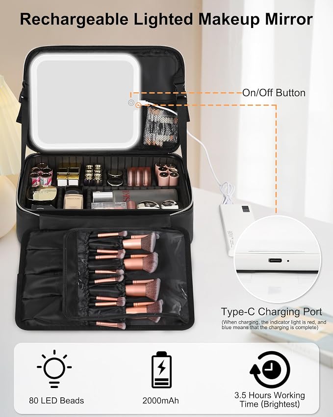 Relavel Makeup Bag with LED Mirror Travel Train Case Large Cosmetic Bags - Image 5