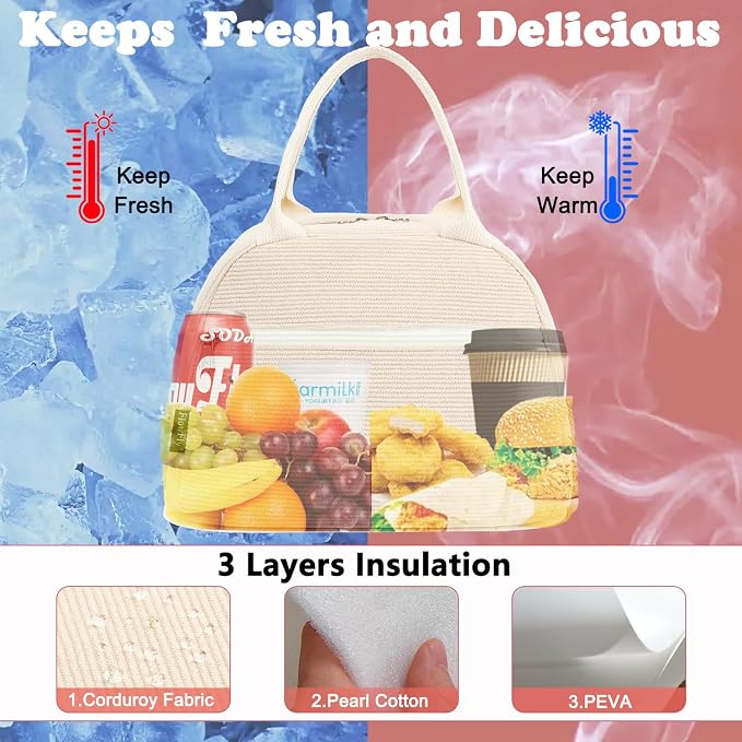 FlowFly Lunch Bag for Women Insulated Lunch Box Corduroy Lunch Tote Cooler for - Image 2
