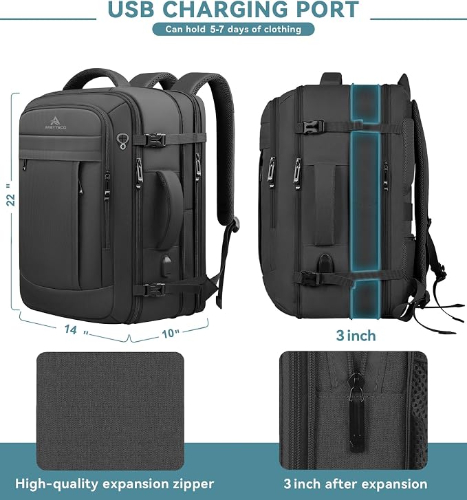 60L Extra Large Travel Laptop Backpack, 3XL Expandable Carry On Backpack - Image 3