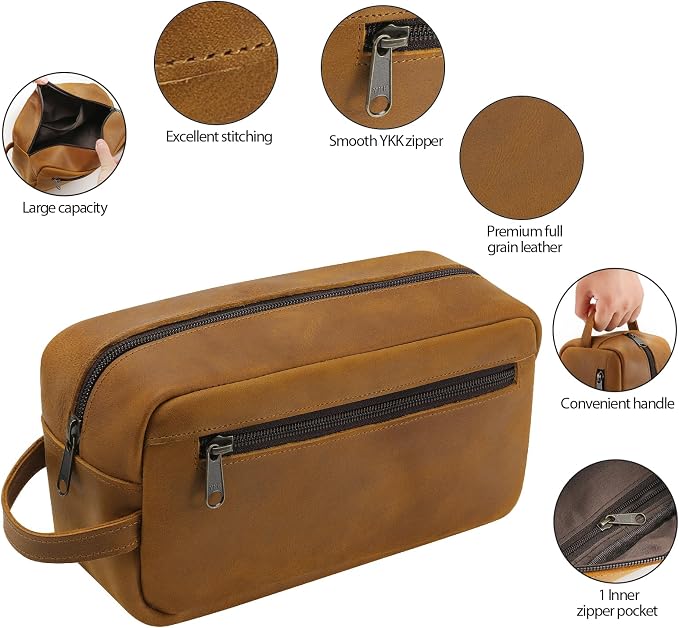 Ringsun Genuine Leather Toiletry Bag, Hanging Makeup Bag - Image 4