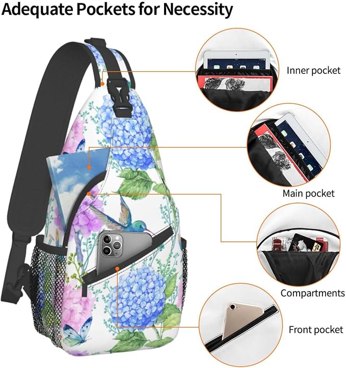SUPLUCHOM Sling Bag Spring Hummingbird Flower Hydrangea Hiking Daypack - Image 4