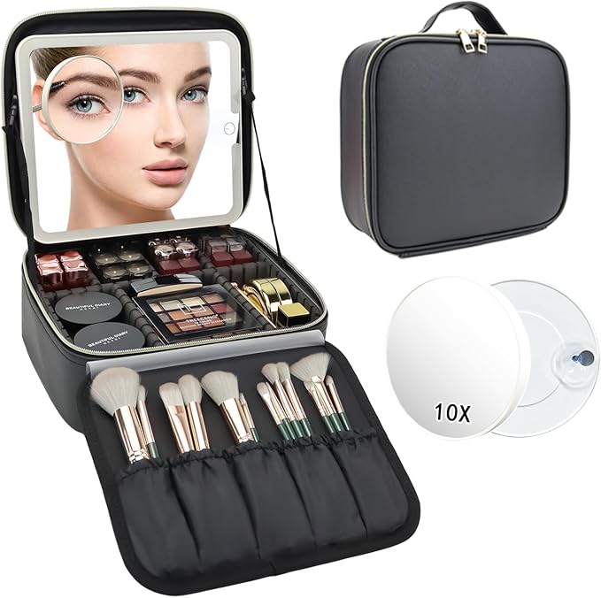 Travel Makeup Bag with LED Mirror and 10x magnifying glass with 3 Lighted by Unknown