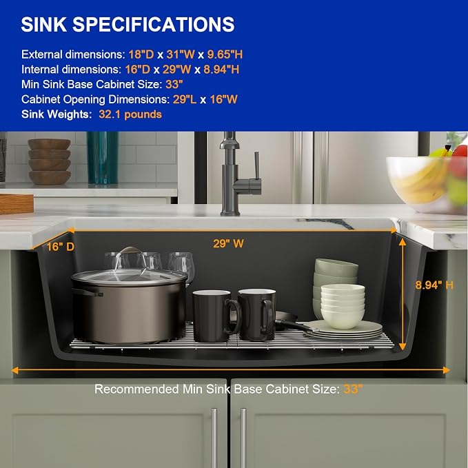 Dcolora 31 Inch Quartz Composite Black Kitchen Sink Undermount Sink Deep Single - Image 6