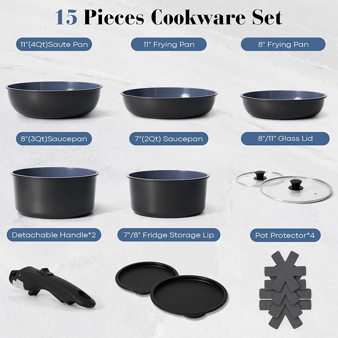 15 Pcs Pots and Pans Set Non Stick, Detachable Handle Ceramic Cookware Sets - Image 2