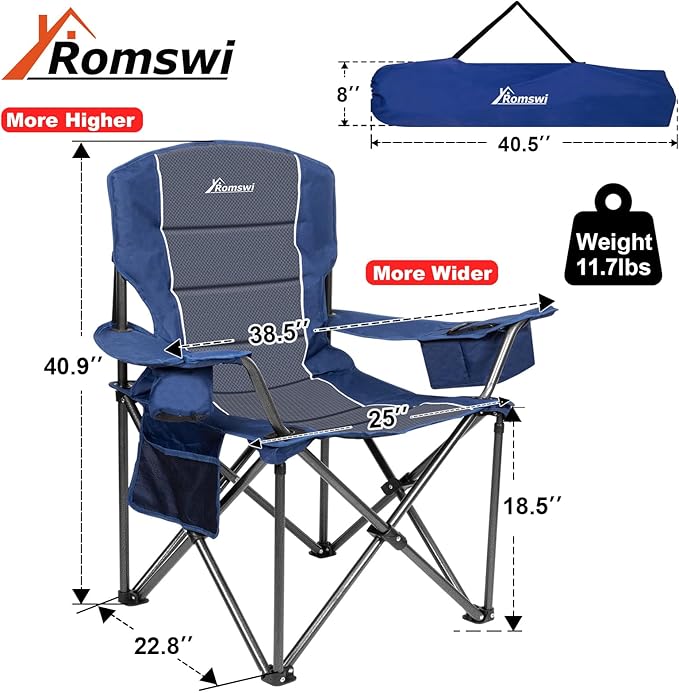 Romswi Oversized Camping Chairs, Heavy Duty Support 500 LBS, Padded Back & Arm - Image 2