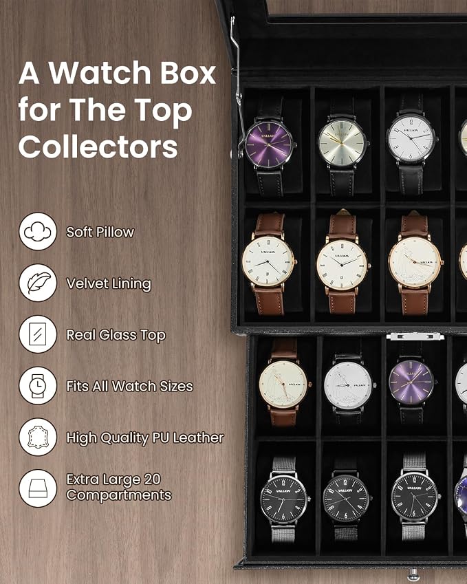 Uten 20-Slot Watch Box, 2-Layers PU Leather Watch Case - Image 6