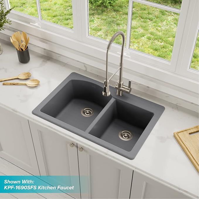 KRAUS Forteza 33-inch Drop In/Undermount 60/40 Double Bowl Granite Kitchen Sink - Image 4