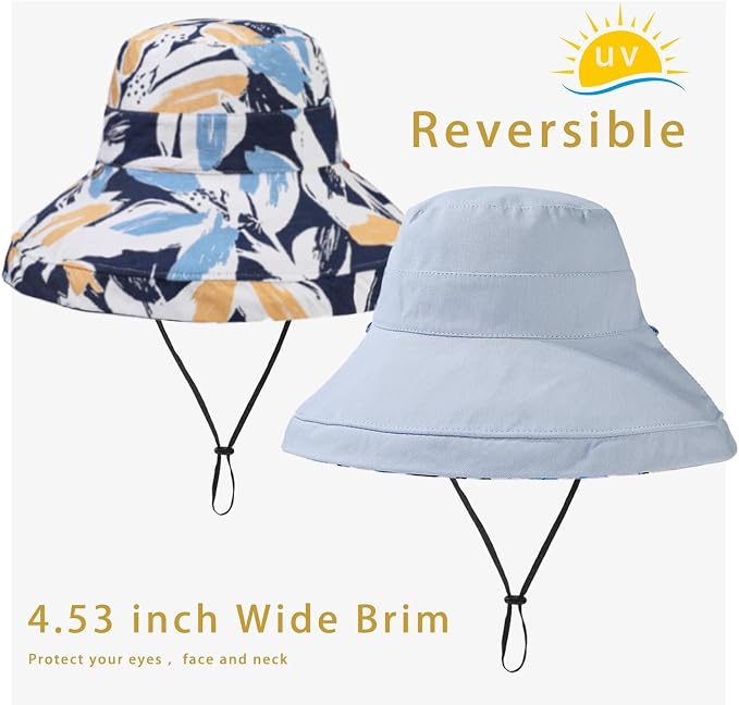 vidsel Womens Sun Hats Wide Brim Reversible Bucket Cotton Hat Packable Summer - Image 3