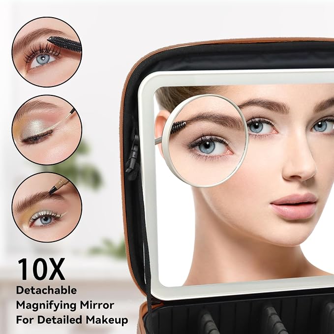 Travel Makeup Bag with LED Mirror and 10x magnifying glass with 3 Lighted - Image 2