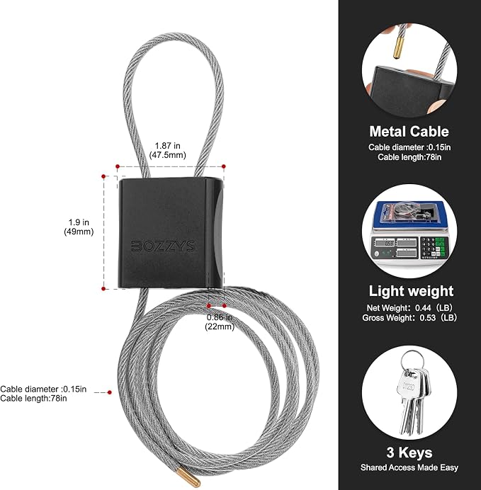 Adjustable Cable Locks with 3 Keys | 6.56ft L x 1/6in D Aluminum Steel Cable - Image 2