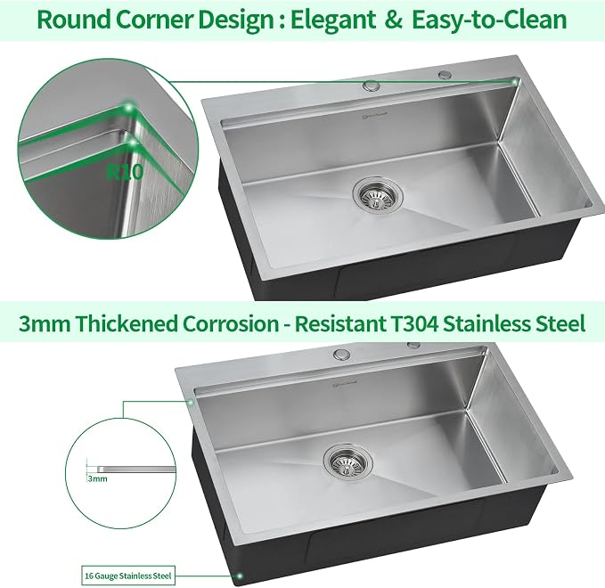 Kitchen Sink, 33 x 22 Drop in Kitchen Sink 16 Gauge Stainless Steel Kitchen - Image 6