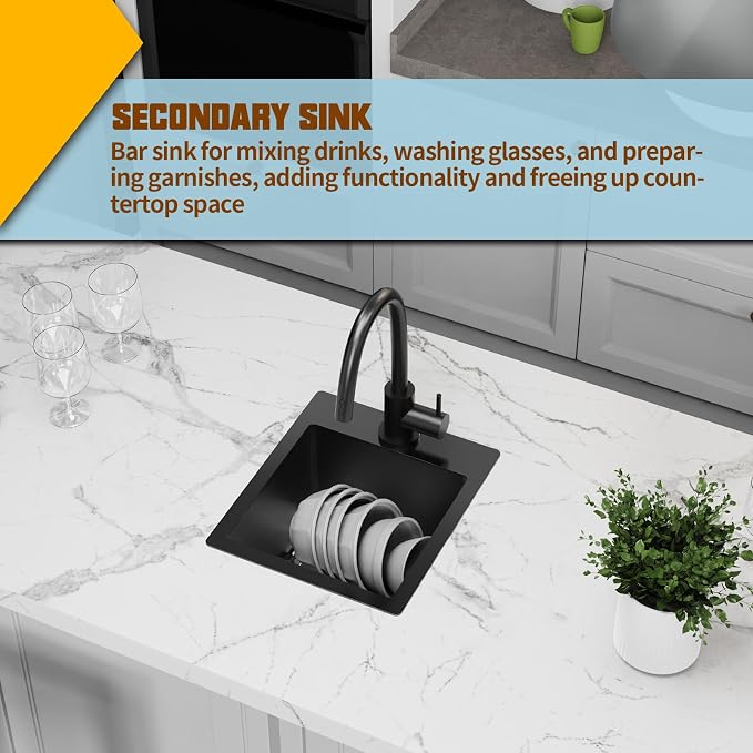 Small Black Kitchen Sink, 13x15 Inch Stainless Steel Drop In Topmount Kitchen - Image 6