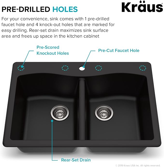 KRAUS Forteza 33-inch Drop in/Undermount 50/50 Double Bowl Granite Kitchen Sink - Image 6