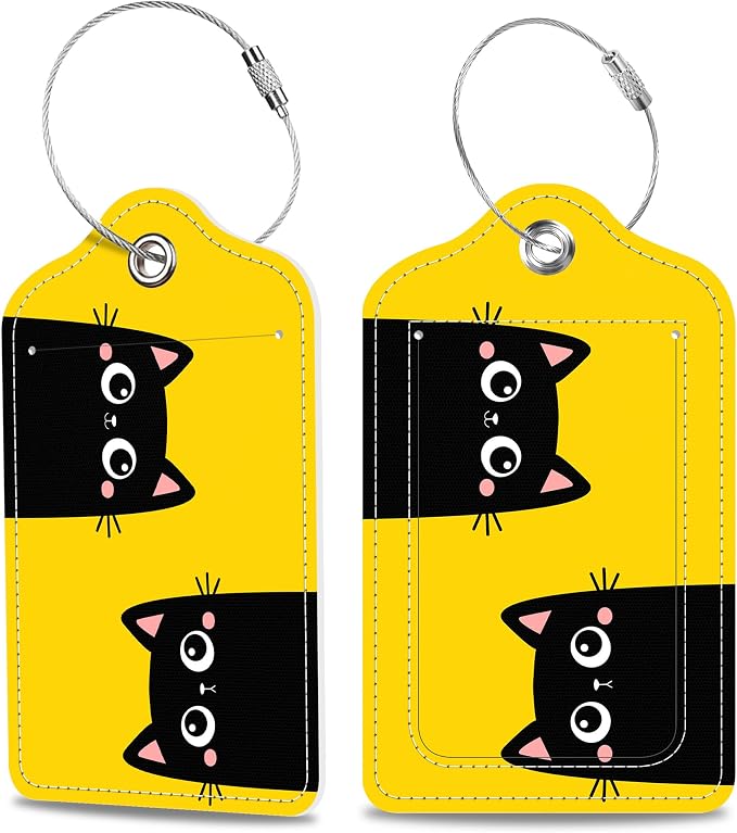 Set of 2 Luggage Tags Two Black Kitten Face Head Leather Suitcases Tag by MSEAANBK
