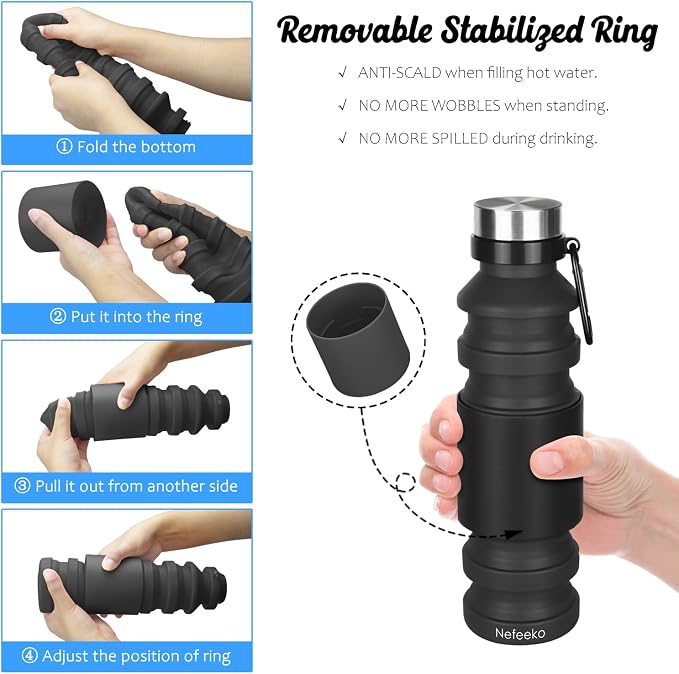 Nefeeko Collapsible Water Bottle, Reuseable BPA Free Silicone Foldable Water - Image 5