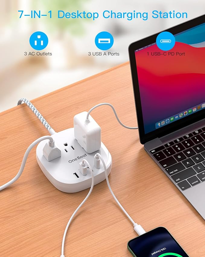 PD 20W USB C 3 Outlet 4 USB Ports Flat Plug Power Strip No Surge Protector - Image 4