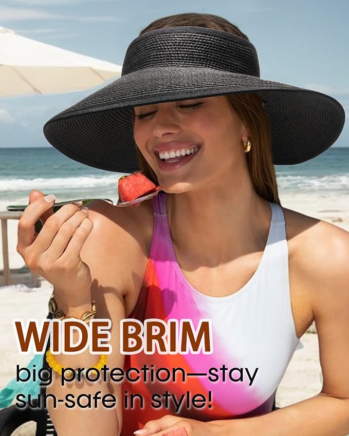 Womens Sun Visor Hats Wide Brim Straw Beach Hat UV Protection Ponytail Packable - Image 4