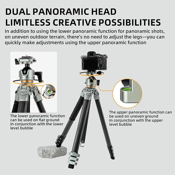 Fotopro Compact Carbon Fiber Travel Tripod, 60 inches Professional Heavy Duty - Image 4