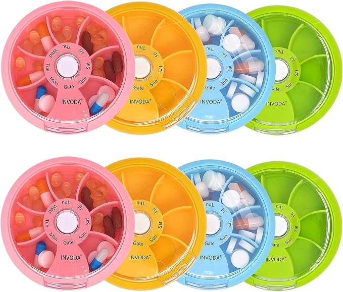 8PCS INVODA Weekly Pill Organizer 7 Compartment Rotating Pill Box by INVODA