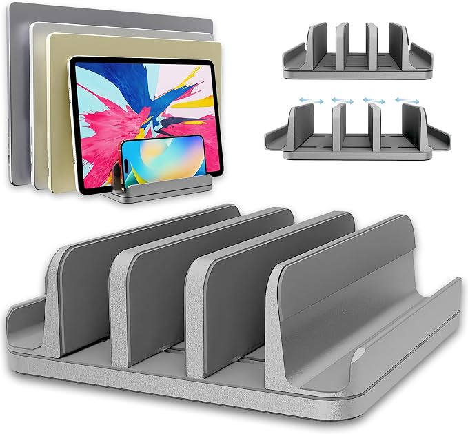 Vertical Laptop Stand Holder 5 Slots, Aluminum Space-Saving Laptop Holder by TEFONIA