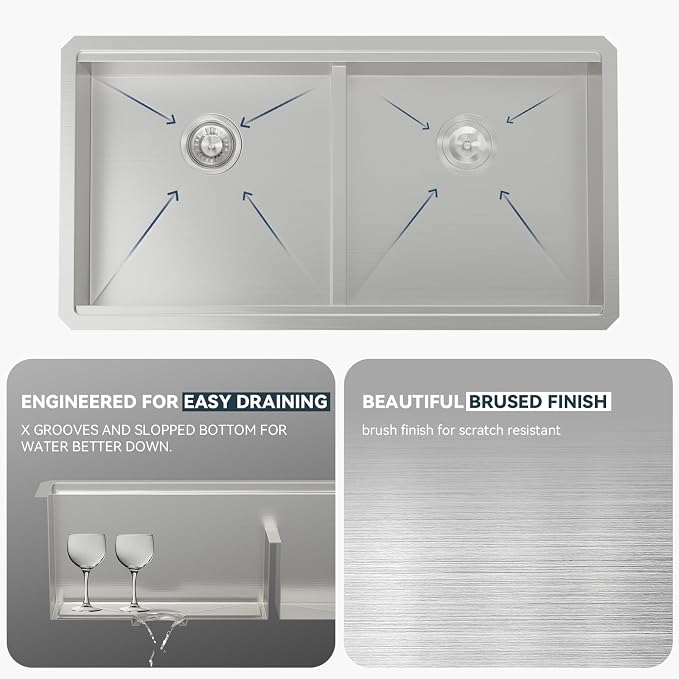 Lordear 36 Inch Undermount Kitchen Sink Double Bowl Stainless Steel Kitchen - Image 7