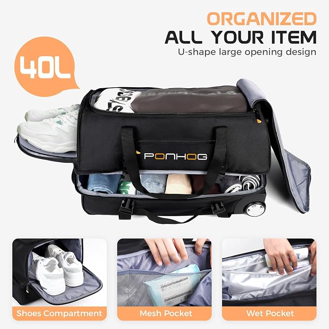 Rolling Duffle Bag with Wheels, Large Travel Duffel Bag with Shoe Compartment - Image 3