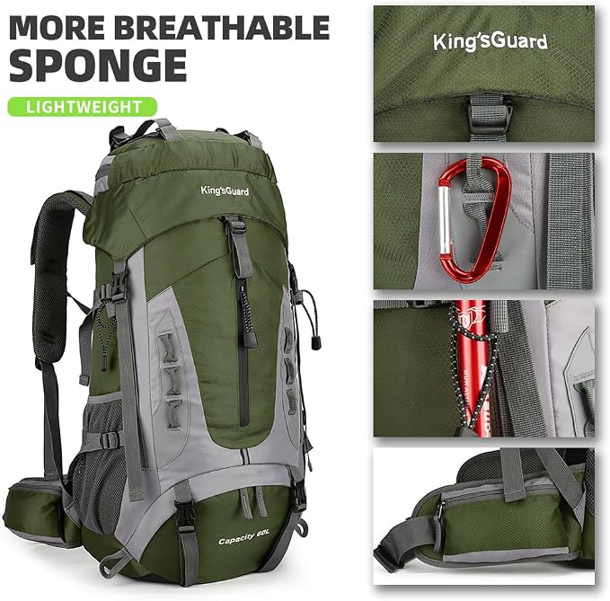 King'sGuard 60L Hiking Backpack Large Waterproof Camping Backpack - Image 3