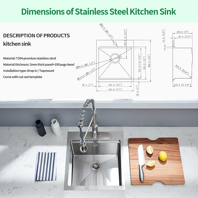 Kitchen Sink, 17 x 19 Inch Drop-in Bar Sink Stainless Steel Topmount Kitchen - Image 8